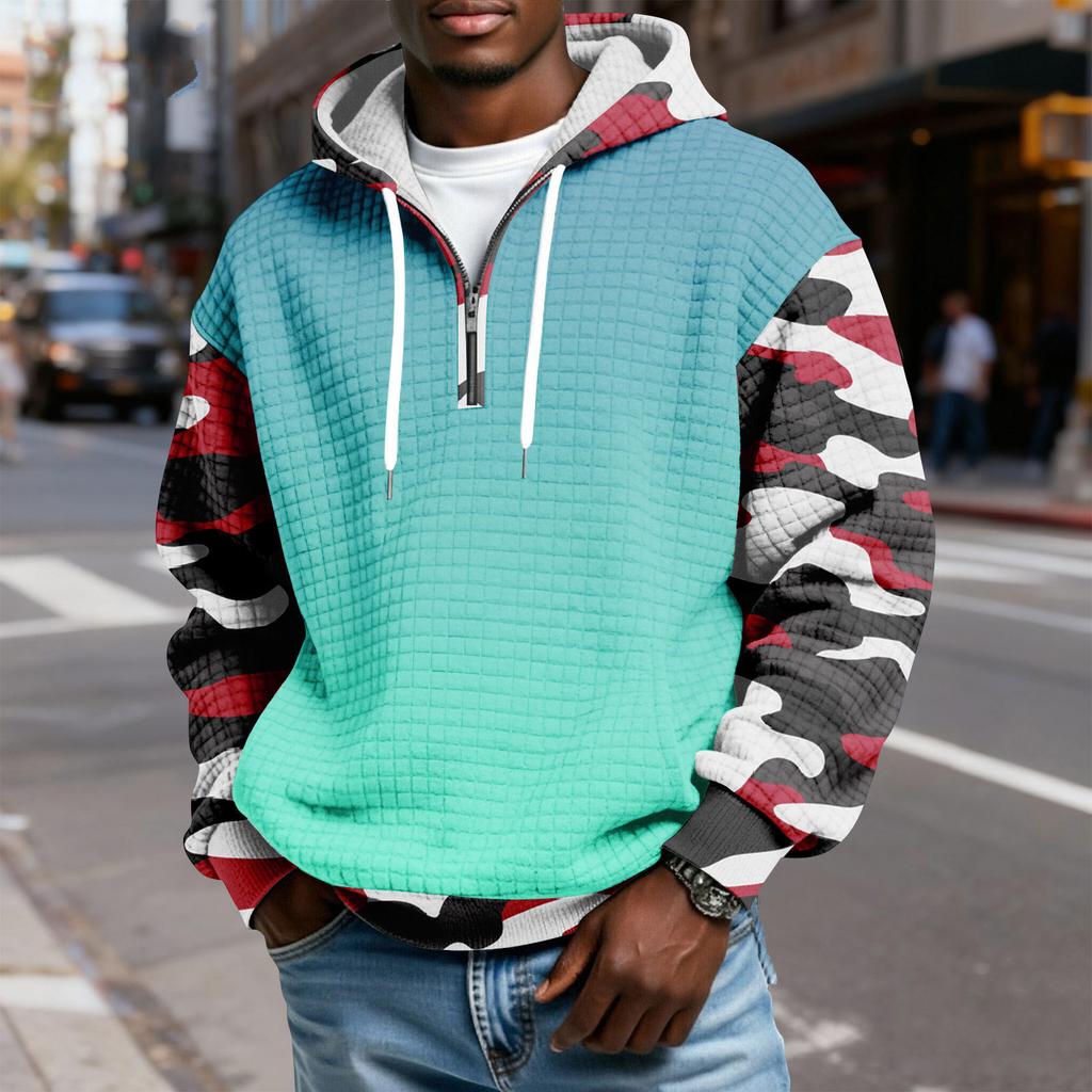 Мужской худи-пуловер в клетку с капюшоном на молнии до середины, со шнурком и принтом, повседневная спортивная толстовка