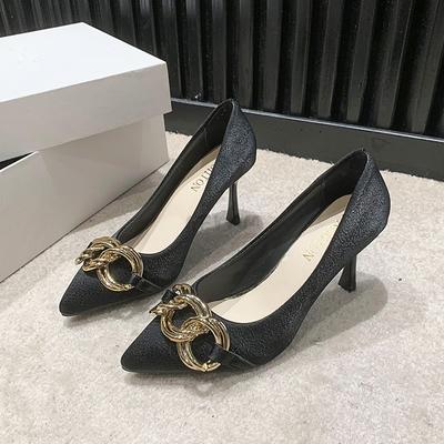 2024 Горячая Распродажа Женская Обувь Базовые Женские Туфли на Высоком Каблуке Модные Вечерние Туфли Женские Металлическая Отделка Слипоны Обувь с Острым Носком Женская