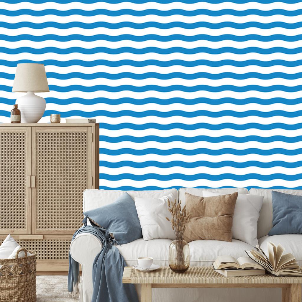 Wallpaper Stripes white and blue, azure background for living room and bedroom 50x1000