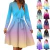 Women's Fashion Casual V-Neck Long Sleeve Waist Gradient Printed Midi Dress