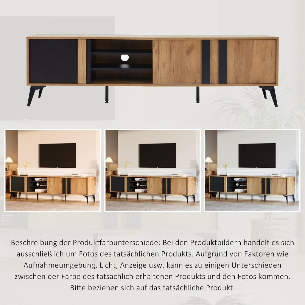 TV-Schrank Fernseher bis zu 80 Zoll, Moderner TV Lowboard 3 offenem Fach, TV Kommode, Wohnzimmer Esszimmer, Braun & Schwarz, 180x40x50cm