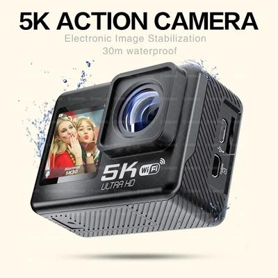 Экшн-камера CERASTES 5K Wi-Fi с защитой от сотрясений, 4K, 60 кадров в секунду, двойной экран, широкий угол обзора 170°, водонепроницаемая спортивная камера 30 м, с дистанционным управлением