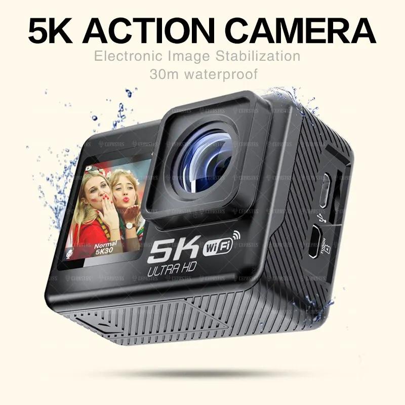 Экшн-камера CERASTES 5K Wi-Fi с защитой от сотрясений, 4K, 60 кадров в секунду, двойной экран, широкий угол обзора 170°, водонепроницаемая спортивная камера 30 м, с дистанционным управлением