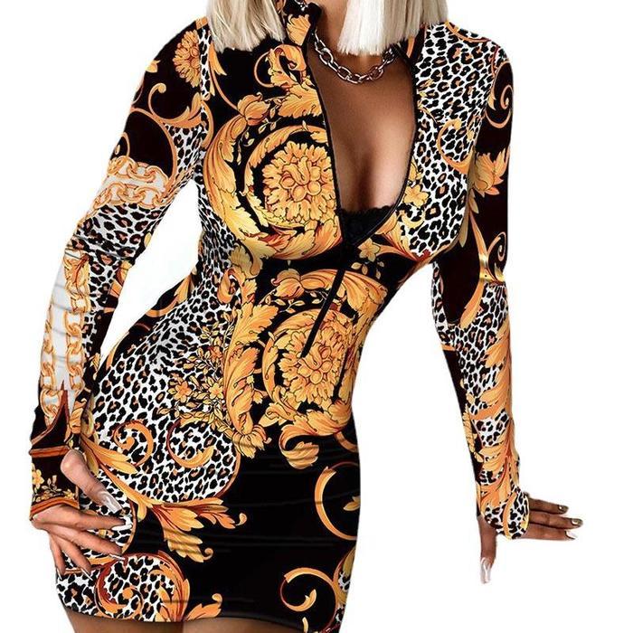 2024 Новое женское модное леопардовое платье с длинным рукавом, сексуальные вечерние платья на молнии средней длины