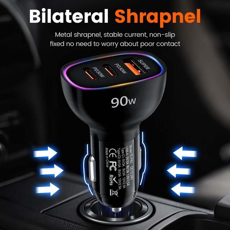 Автомобильное зарядное устройство 90 Вт USB, 3 порта, двойной PD30 Вт, QC3.0, сверхбыстрая зарядка, адаптер питания, универсальное автомобильное зарядное устройство для телефона iPhone 17 16 Pro