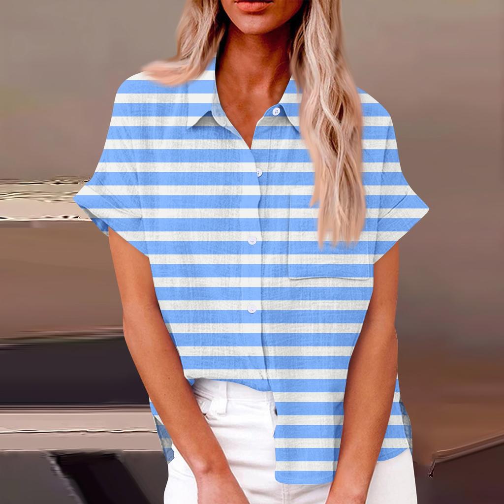 Женская свободная повседневная рубашка с короткими рукавами и отворотом с цифровым принтом и карманом