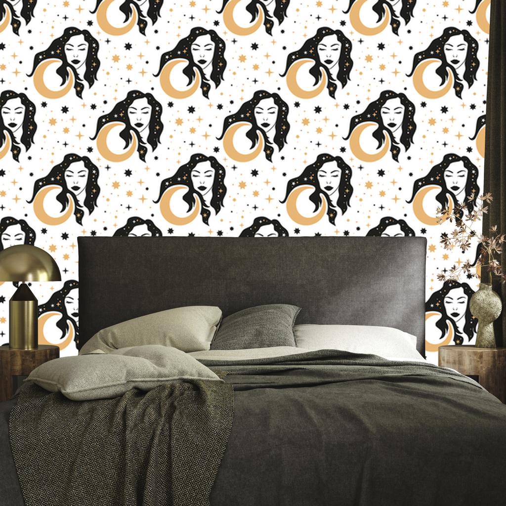 Women and Astrology Wallpaper Graphite, Brown and Cream 50x1000