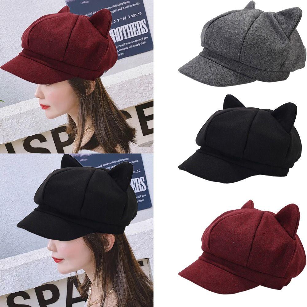 Fashion Beret Hat Warmer Octagonal Cap Cat's Ears Hat Duck Tongue Cap  Women Ladies Girl