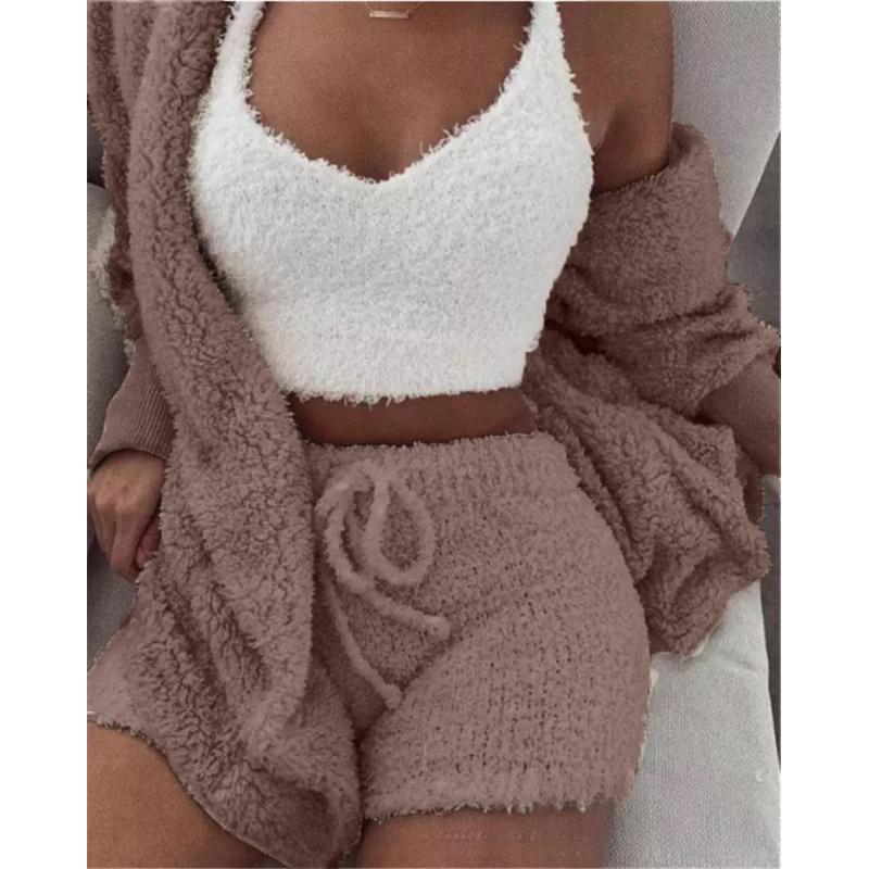Women's Winter Plush Home Clothes Casual 2-Piece Pajamas Long-Sleeved Shorts Sports Suit for Women