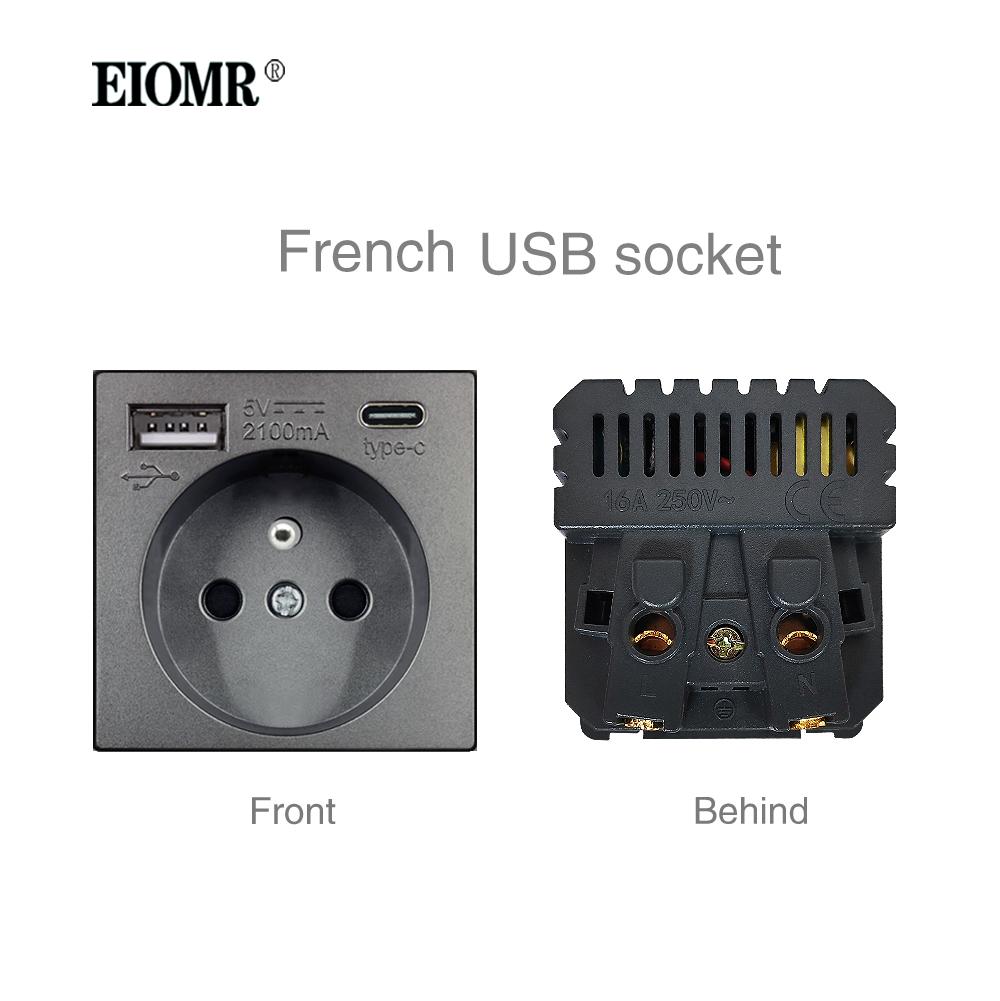 EIOMR A6 Series Grey Flame Retardant PC Panel Wall Switch EU Socket HDMI-compatible USB Type-C 2.1A Charger TV RJ45 Module DIY