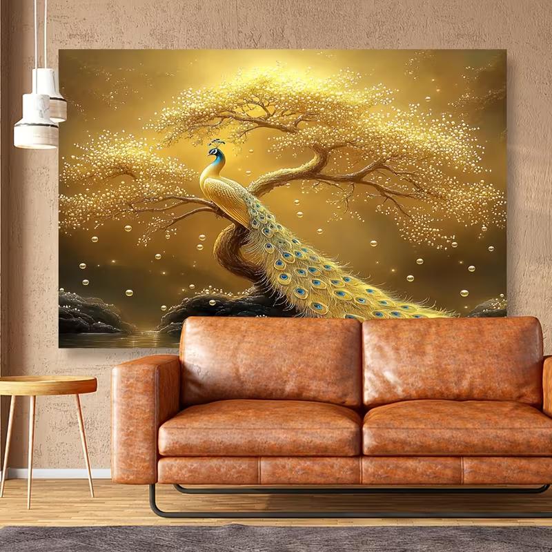 2D Elegant Gold Peacock Tapestry, Golden Bonsai Tree with Sparkling Bubbles Backdrop Cloth for Room Decor