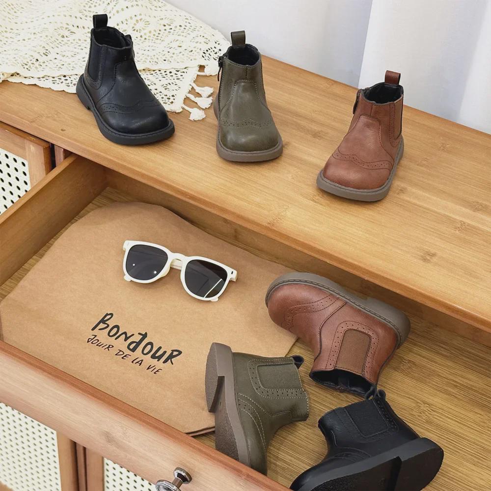 2024 Children's Genuine Leather Martin Boots - Retro British Style for Boys & Girls, Autumn/Winter Short Boots