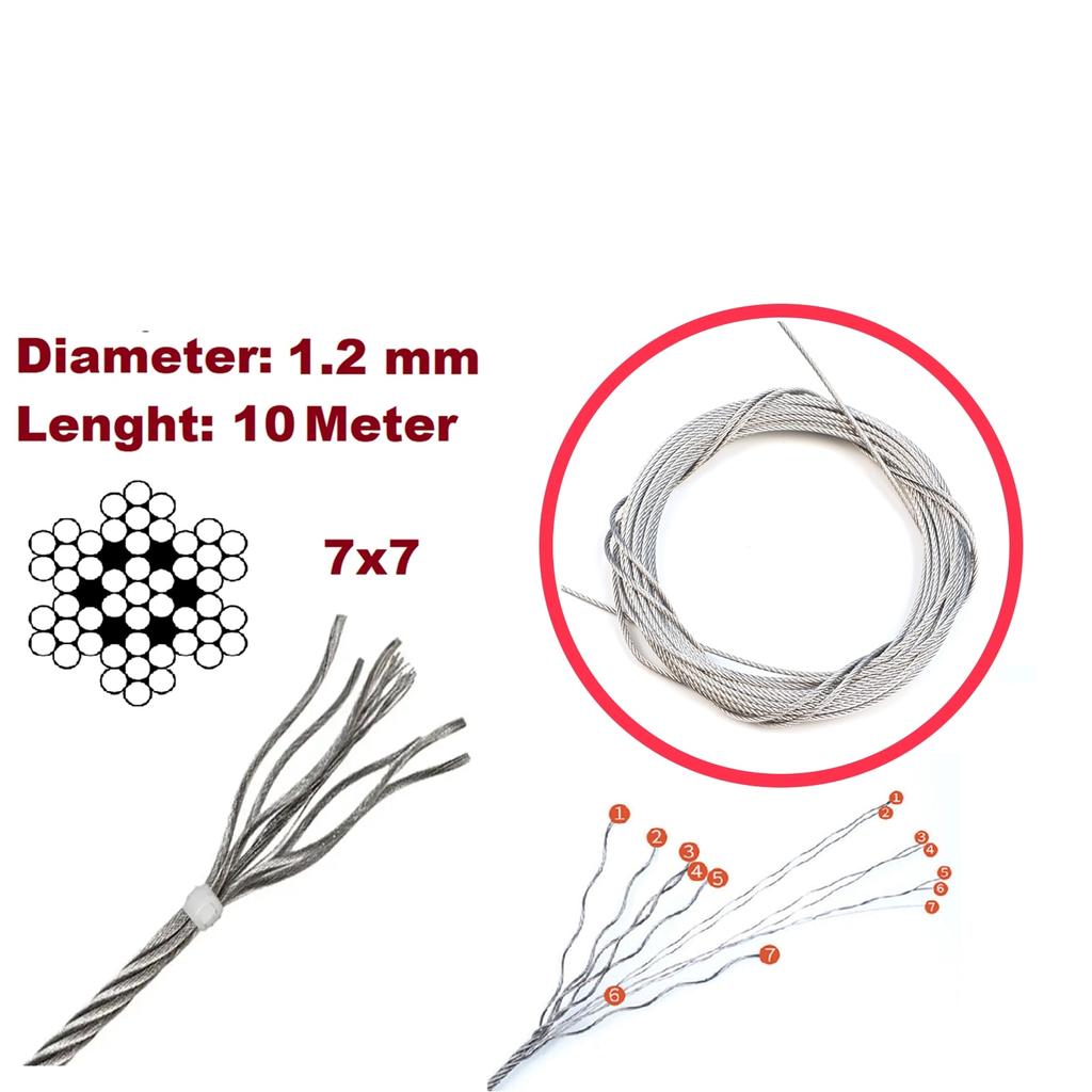 EDP1299-1 Door Hood Trunk Release Locking Latch Bowden Repair Cable AISI 304 Steel Wire Rope 7x7 Strands Diameter 1.2 mm Length 10 meter