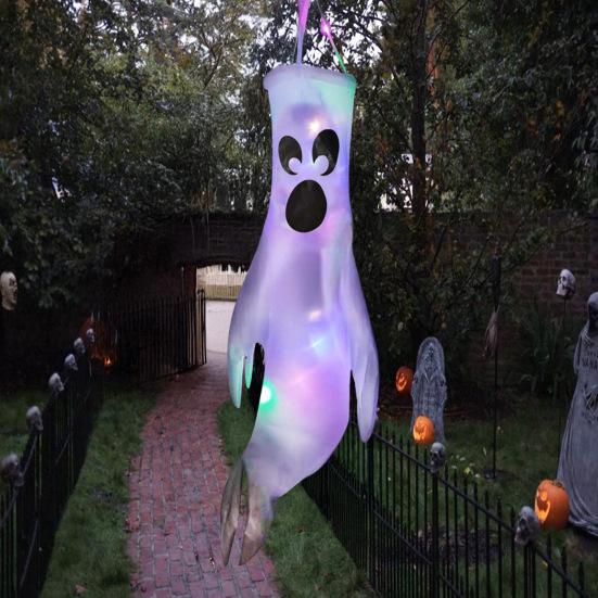 43 Inch Halloween Ghost Windsock Flags with LED Lights Outdoor Hanging Scary Light Up Ghost Wind Socks for Tree Yard Porch Garden Decor