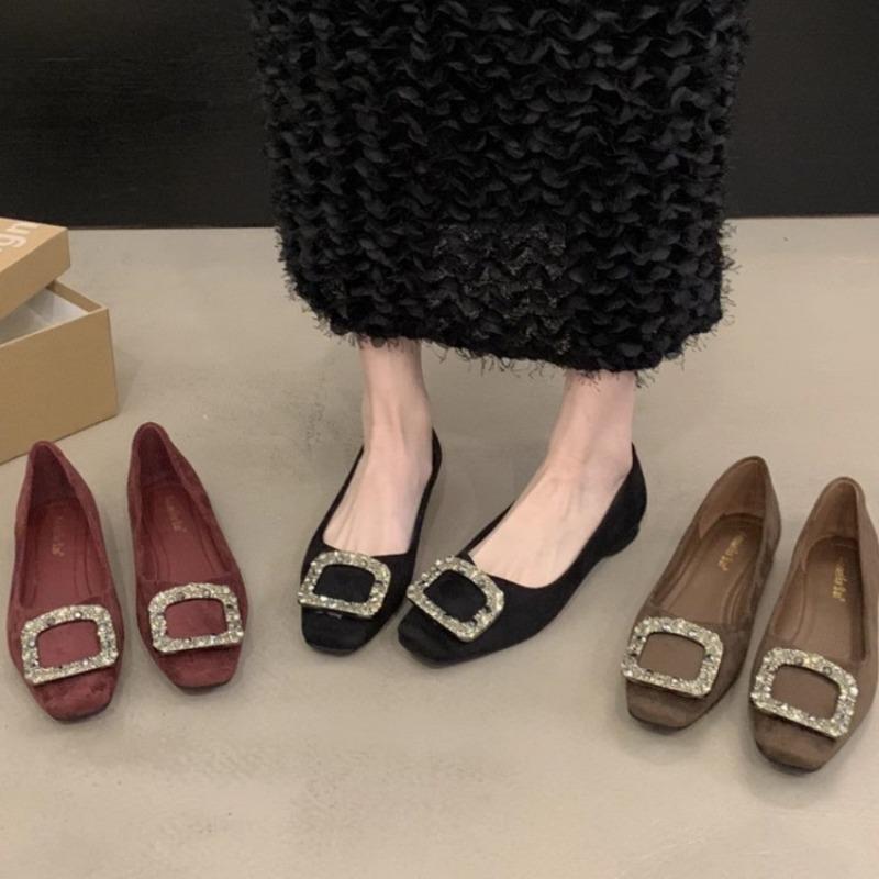 New Women's Flat Shoes Fashionable Rhinestone Square Toe Soft Sole Women's Shallow Mouth Single Shoes Zapatos De Mujer