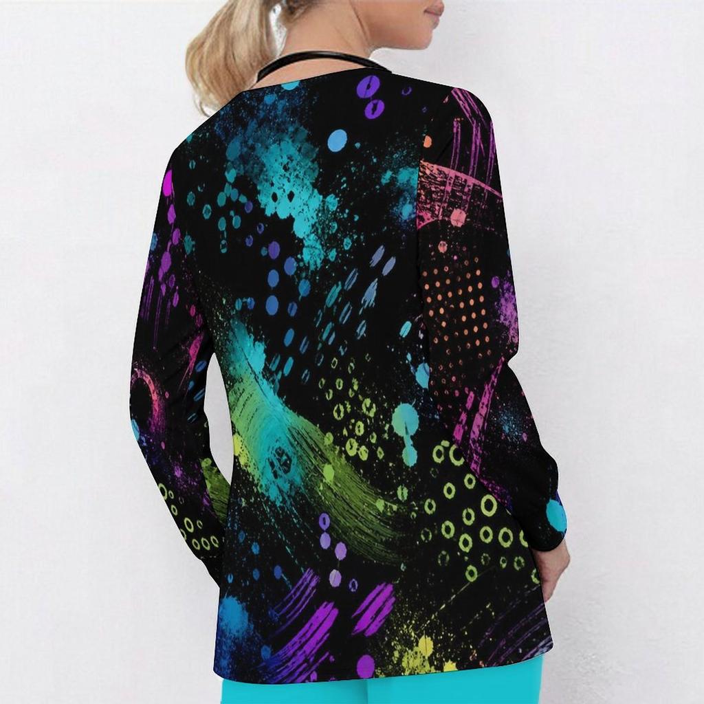 Women Plus Size Printed Scrub Top V Neck Long Sleeve With Front Pockets Nurse Uniform