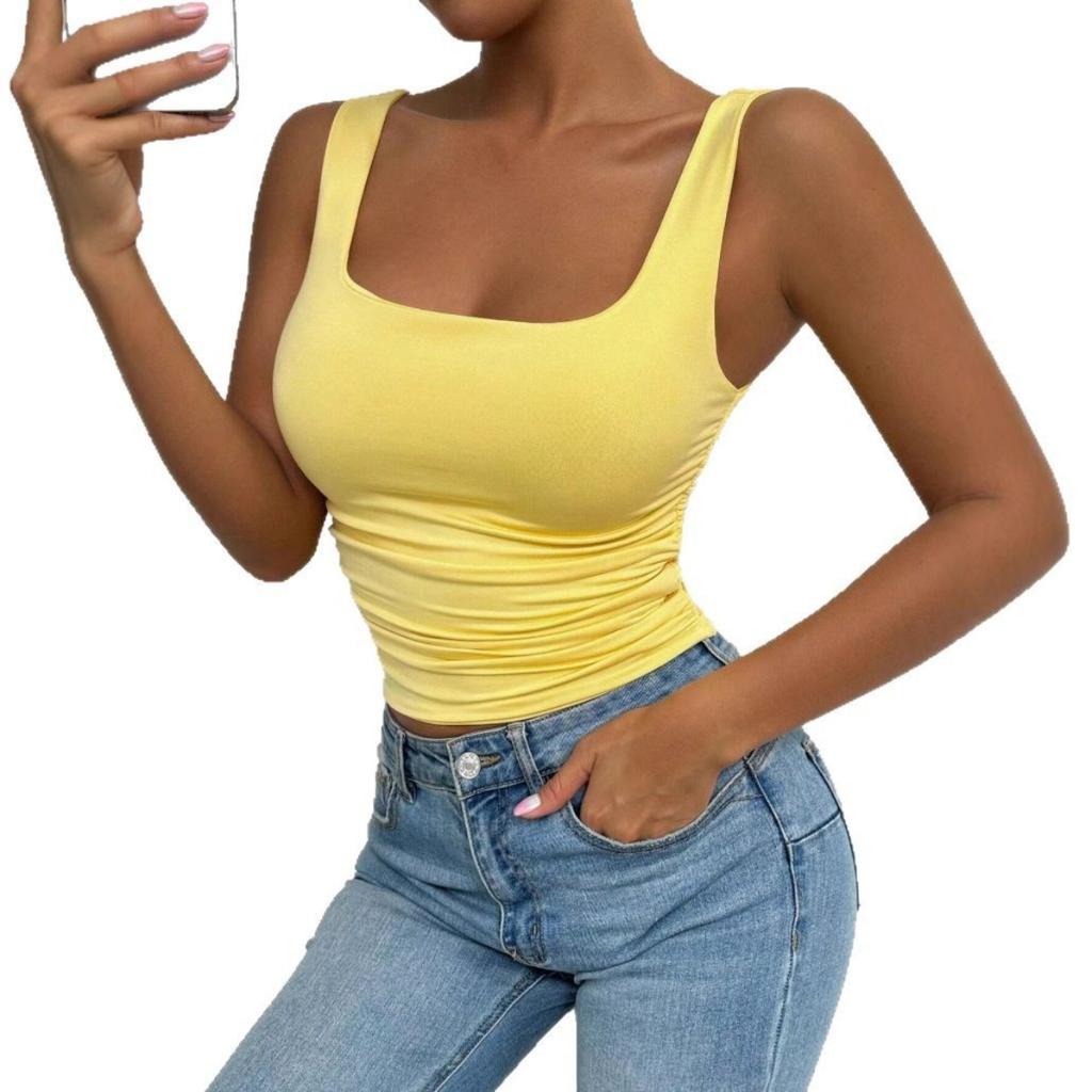 Women's Sleeveless Camisole Vest with Square Neckline, Casual Basic Style, Exposed Navel Top