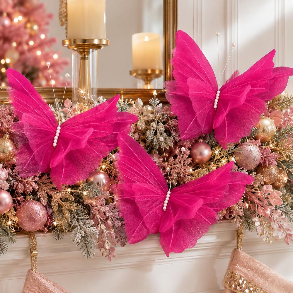3 pieces of large-sized hanging Christmas rose red butterfly decorations 3D three-dimensional laser-silk simulated butterflies, 7
