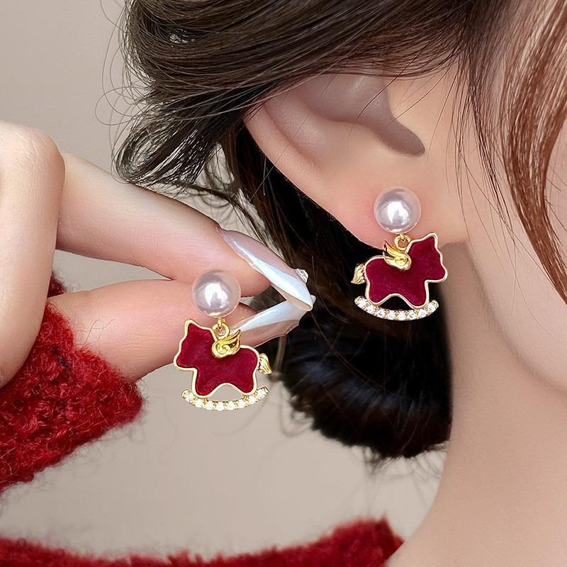 Серебряная игла год Лошади жемчужные пусеты новые китайские ретро темперамент универсальные серьги легкая роскошь серьги с высоким чувством для женщин