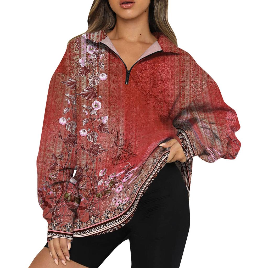Women's Casual Fashion Long Sleeve Print Oversize Zip Sweatshirt Top