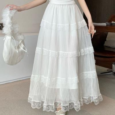Женская белая кружевная многоярусная миди-юбка из тюля - Сладкая приталенная А-силуэта с универсальным дизайном для всех случаев жизни