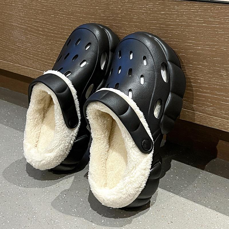 Туфли с дырочками на толстой подошве, новые съемные хлопковые тапочки для улицы, водонепроницаемые и нескользящие, плюшевые тапочки для женщин