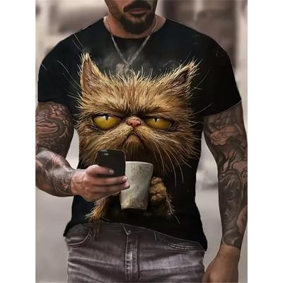 Мужская футболка с мультяшным принтом кота, дышащая летняя футболка для улицы с коротким рукавом, большого размера, свободная, повседневная