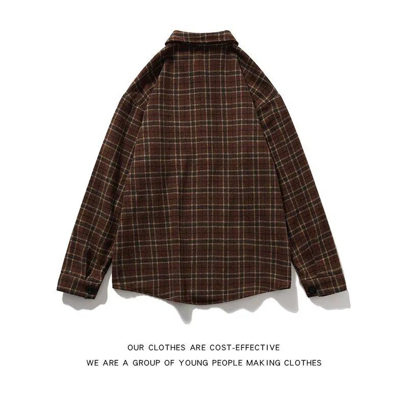 Японская уличная осенняя клетчатая контрастная рубашка с длинным рукавом в стиле ретро, свободная рубашка в гонконгском стиле, повседневная рубашка для пар на осень