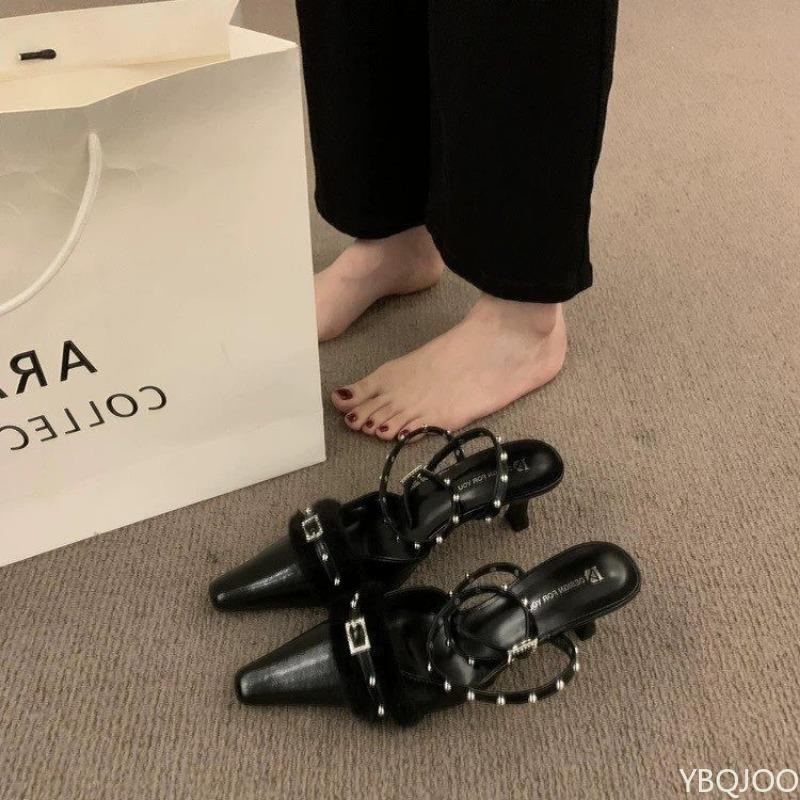 Модные Трендовые Новые Сексуальные Горячие Девушки Панк Женская Обувь Уличные Остроносые Высокие Каблуки с Тонкими Заклепками Высокие Каблуки Одиночные Туфли Zapatos De Mujer