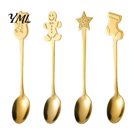 Long Handle Stirring Spoons 4Pcs Christmas Dessert Spoons, Stainless Steel Coffee with Gingerbread Winter Seasonal Tableware Man Star Stocking Snowman