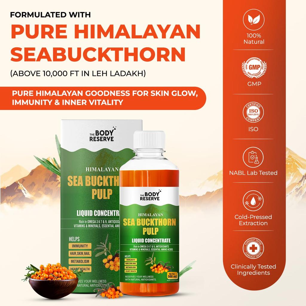 The Body Reserve Himalayan Sea Buckthorn Juice 500ml | Cold Pressed Seabuckthorn Berry Pulp Concentrate | Natural Vitamin C | Omega 3-6-7-9 | Ant