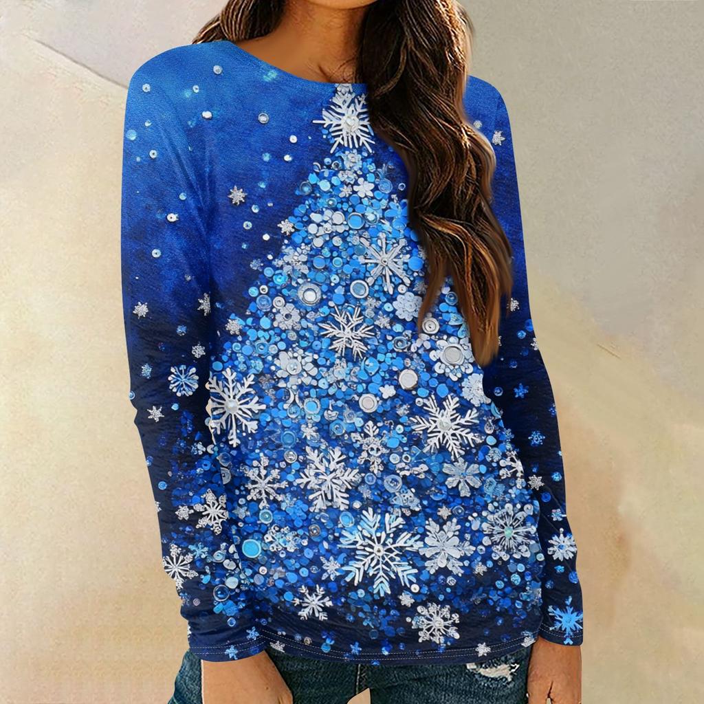 Женская мода круглый вырез пуловер с глубокими рукавами футболка с рождественским принтом топ
