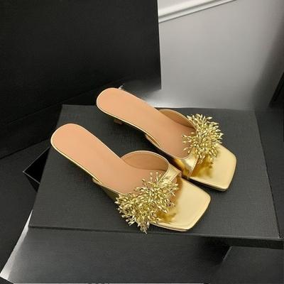 Летние Новые Французские Шлепанцы с Цветами из Страз на Блочном Каблуке для Женщин, Открытый Носок, Нескользящие Шлепанцы на Высоком Каблуке