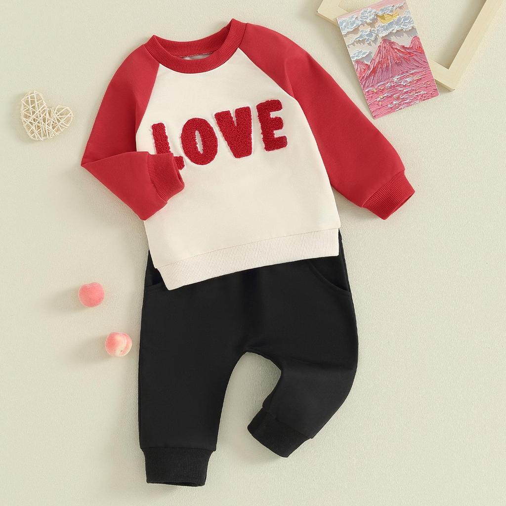Baby 2 Piece Outfit Plush Letter Embroidery Long Sleeve Sweatshirt and Elastic Pants Set for Newborn Infant Fall Clothes