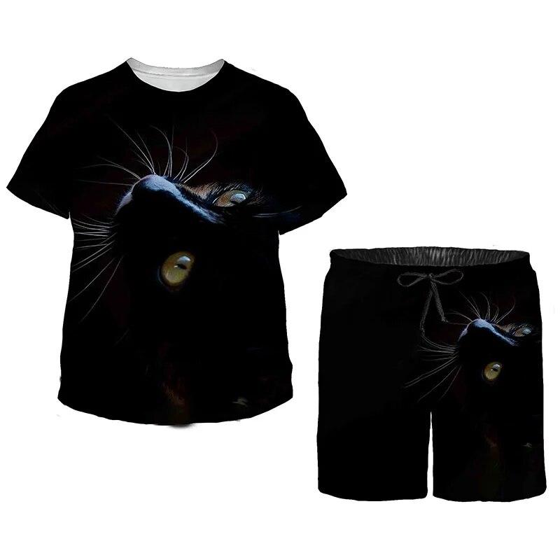 Летний комплект для детей, милый топ с короткими рукавами и шортами с принтом «Кейт», черный спортивный костюм, кавайные пижамы с героями мультфильмов для мальчиков и девочек