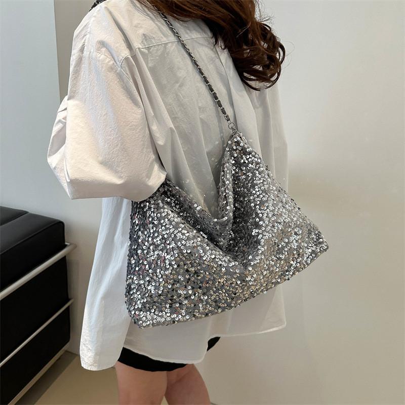 Stylish Korean Style Large Capacity Chic Chain Tote Bag For Women In Black White Silver