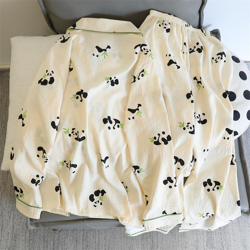 Print Cute Panda Women's Pajamas Set Autumn Spring Sleepwear Long Sleeve Tops and Pants Pajama 2 Piece Suit Nightwear Loungewear