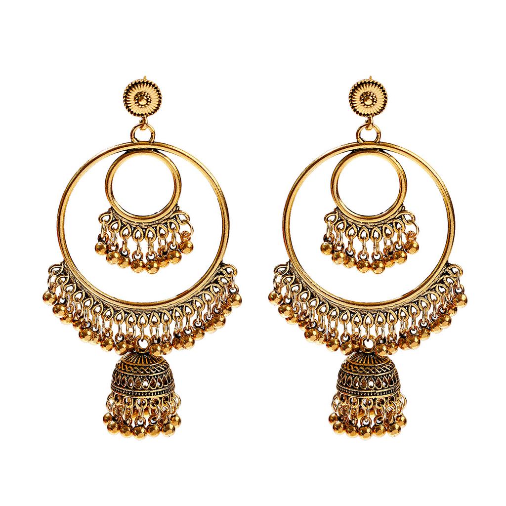 Women‘s Boho Ethnic Gold Copper Plated Jhumka Indian Earring Gypsy Zircon Vintage Big Bells Dangle Hanging Earrings For Women