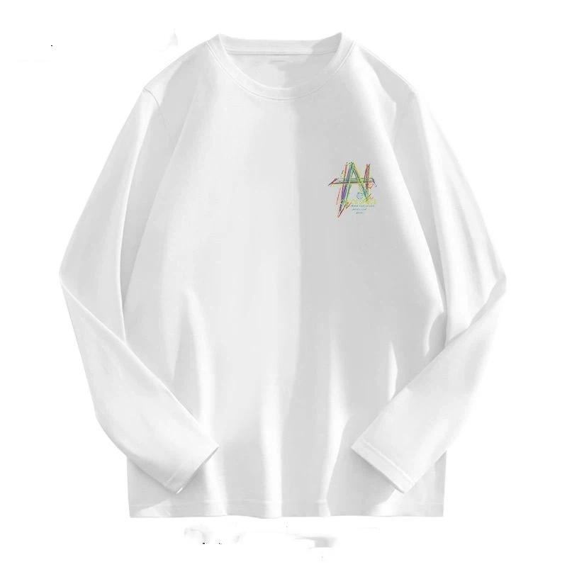 Spring and Autumn Pure Cotton Long-sleeved T-shirts Loose and Versatile Simple Printed Round Neck Tops for Men