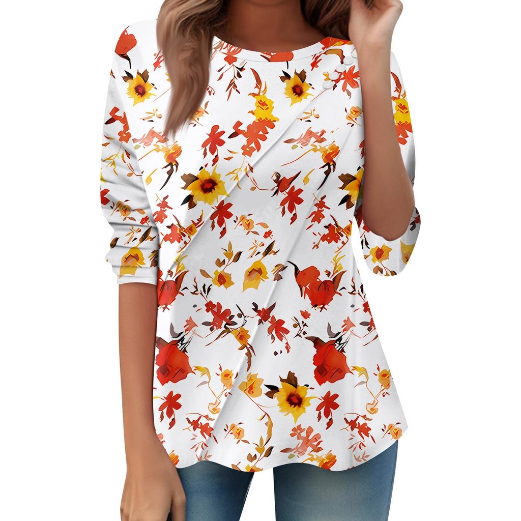 Women's Loose Casual Long Sleeve Top Round Neck Button Pull Stripe Prints T Shirt