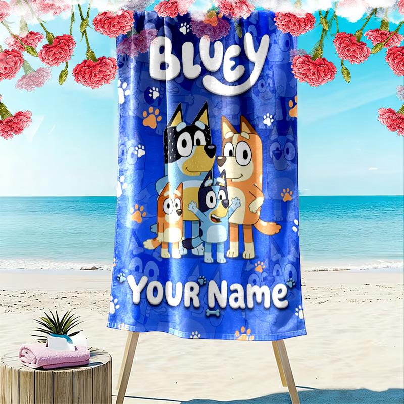 Name Custom Bluey Cartoon Print Beach Towel, Large Soft Quick Dry Towel for Beach Camping Swimming