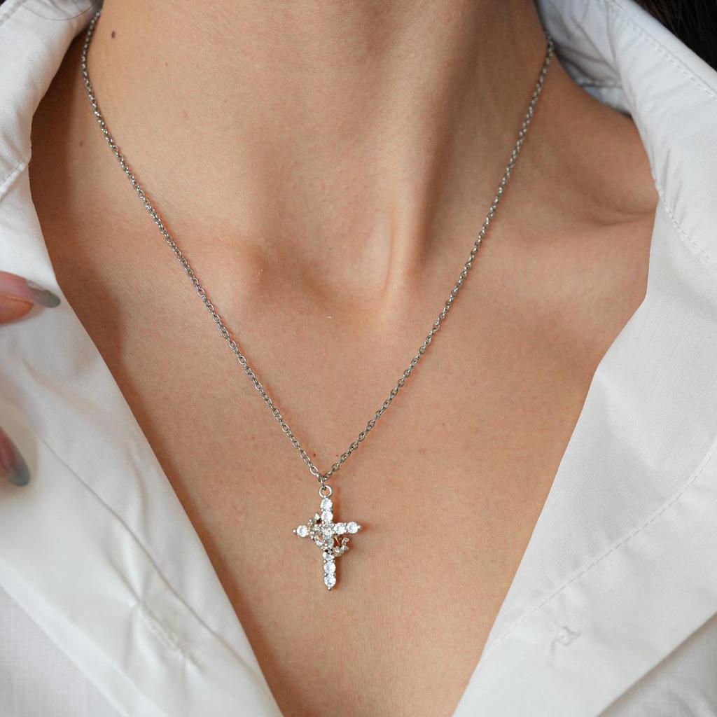 Циркониевый крест, чокер из нержавеющей стали - Элегантное элитное ожерелье на ключицу