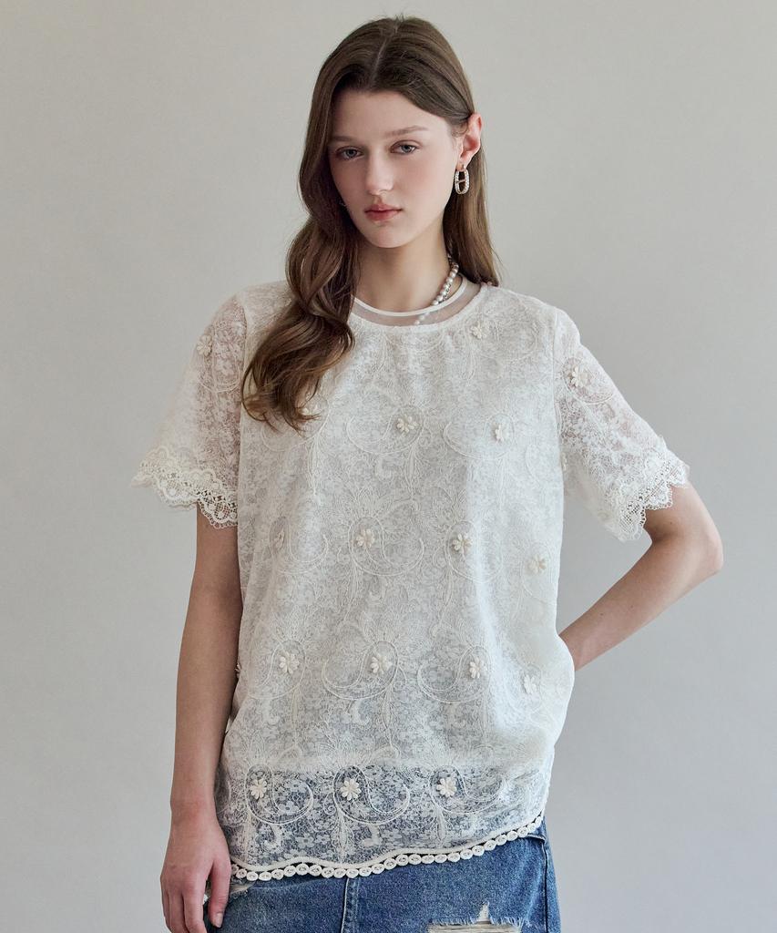 MAXZA Flower Embroidered Lace Layered T-Shirt