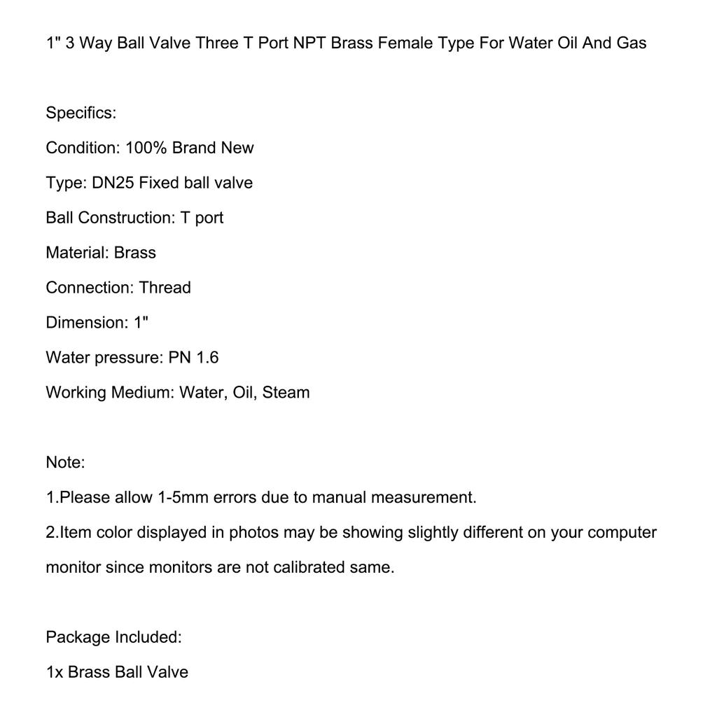 G1" 3 Way Ball Valve Three T Port Brass Female Type For Water Oil And Gas