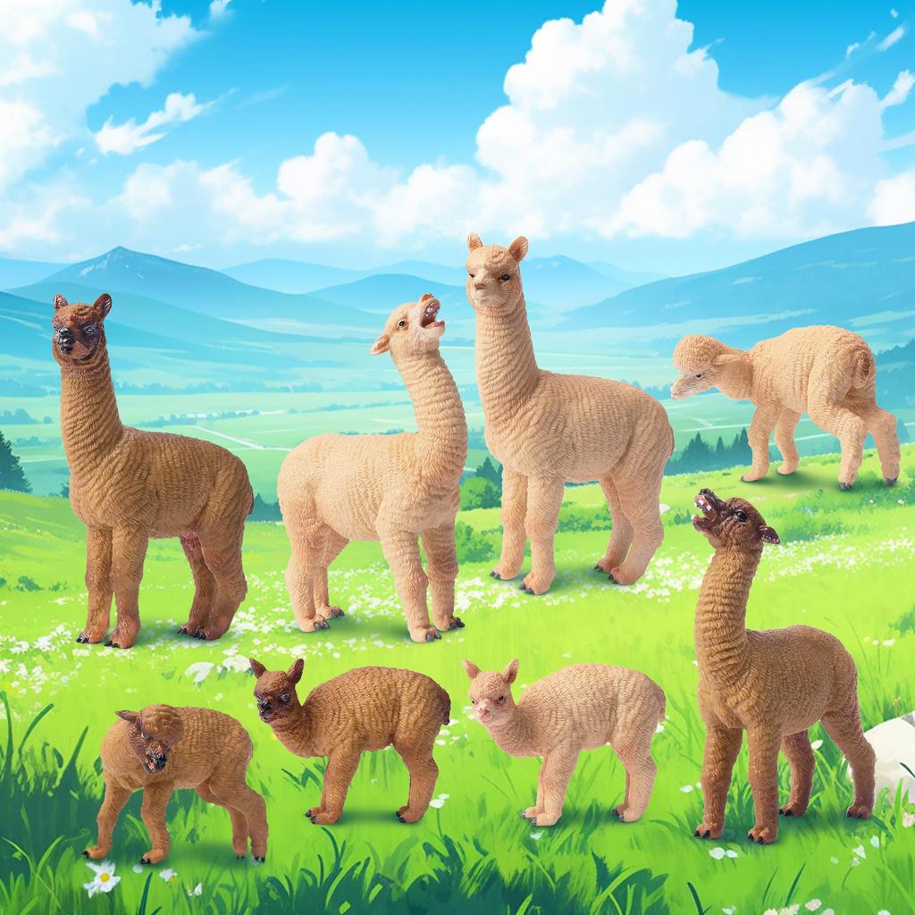 TOYMANY Набор из 8 фигурок альпак, Фигурки животных, Модель альпаки, Фигурки родителя и ребенка, Реалистичная модель животного, Популярная игрушка-животное, Подарок на день рождения,
