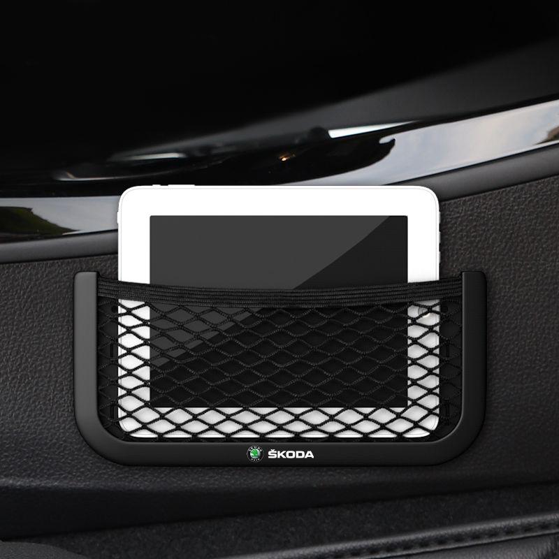 Car Organizer Storage Bag Auto Paste Net Pocket Phone Holder Car Accessories For Skoda Octavia Superb Rapid Kodiaq Karoq Fabia Kamiq Roomster Citigo