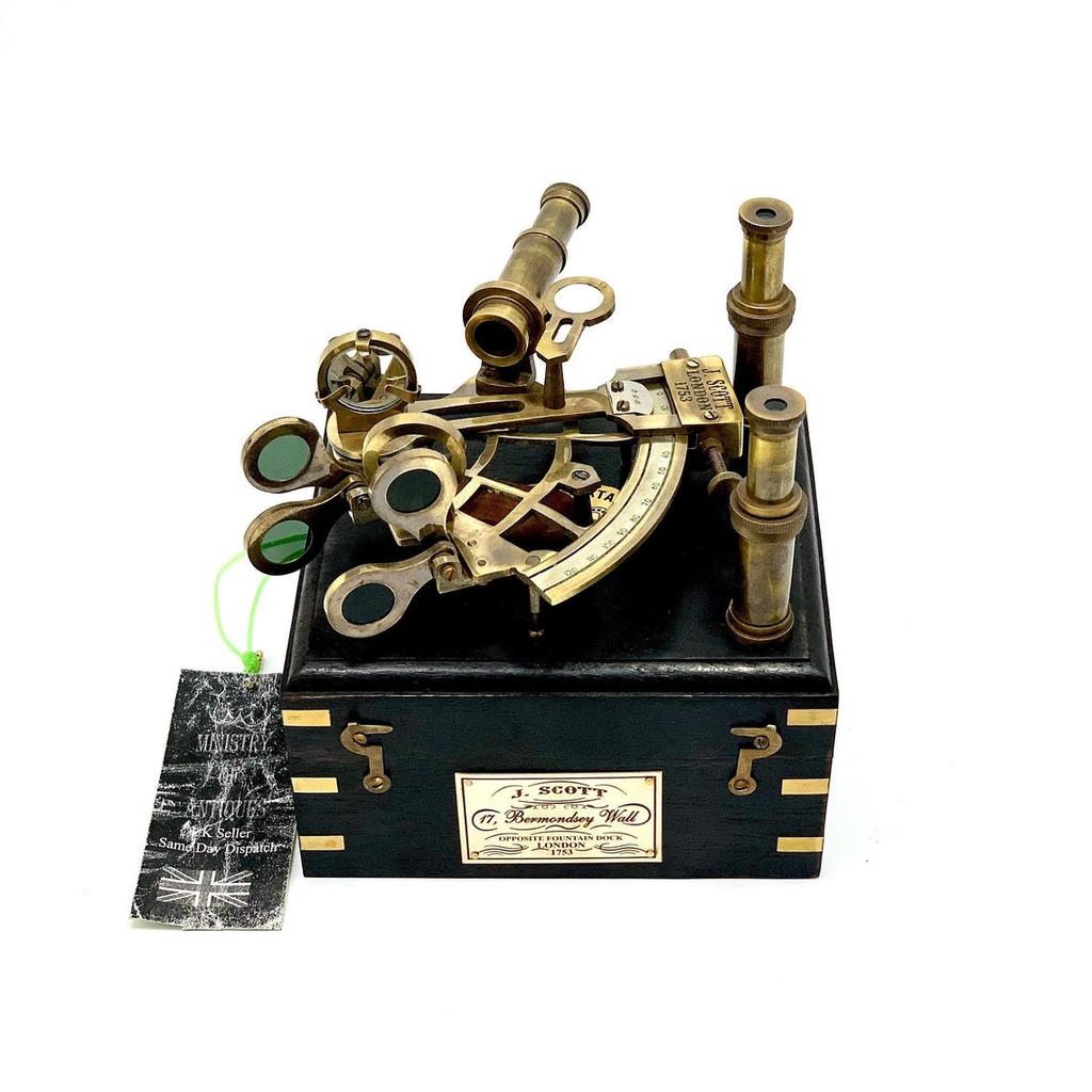 Antique Maritime Nautical Sextant Vintage Marine Astrolabe Ship's Instruments with Wooden Box Brass Ship Sextant with Hardwood Engraved Box