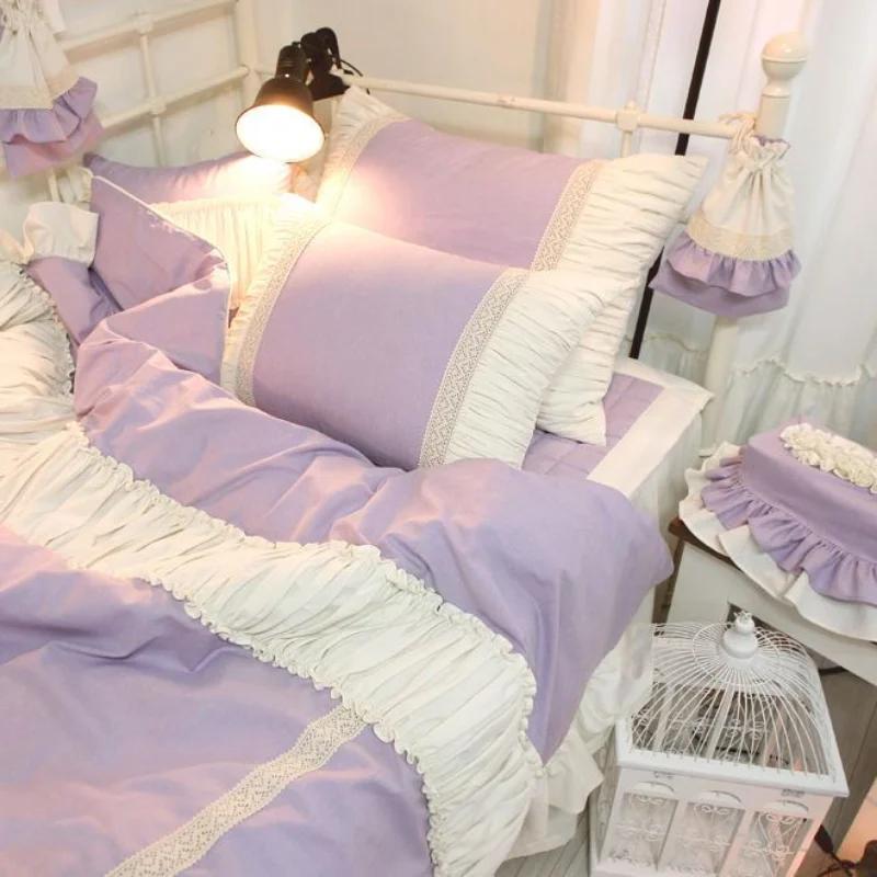 Korean Princess Style Bedding Set Stitch Lace Ruffles Bed Linen Room Decor Double Duvet Cover Set Bed Skirt Pillow Cases