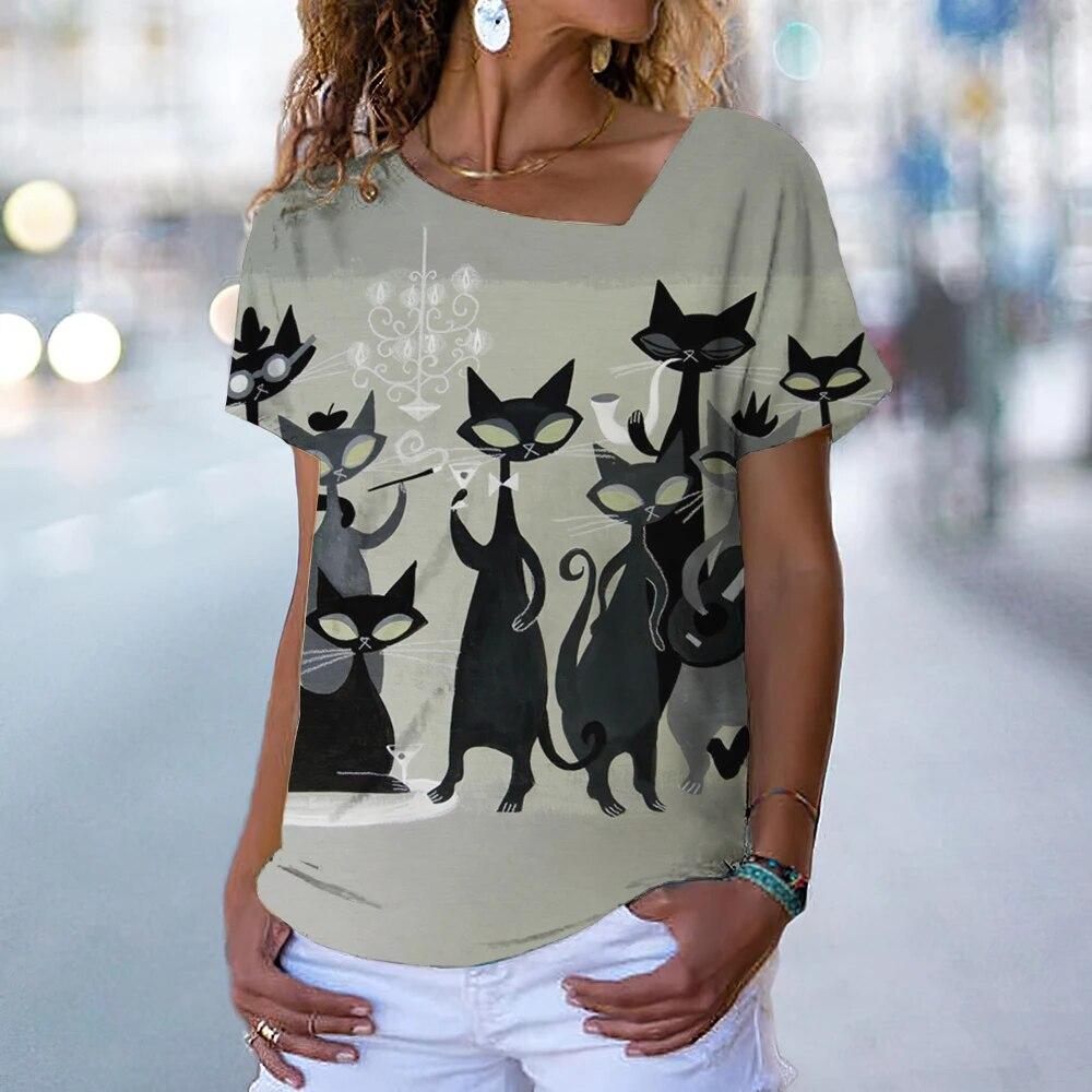 Винтажная футболка с котенком, женская футболка с рисунком кота в стиле аниме, блузка с v-образным вырезом, летняя одежда большого размера с коротким рукавом, женская одежда в стиле Харадзюку, повседневная уличная одежда
