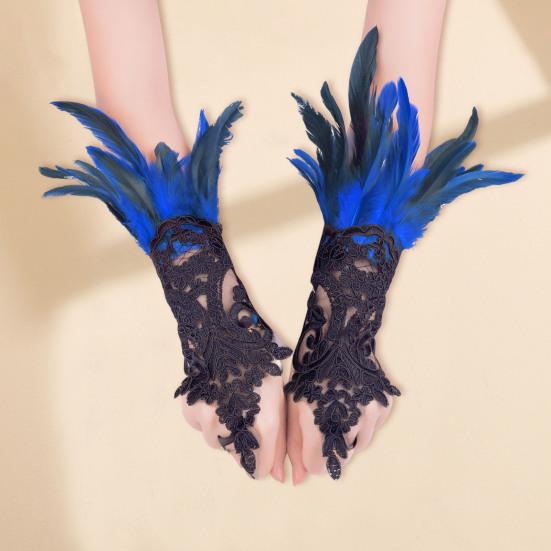 Women's Feather Wrist Cuffs Gothic Lace Feather Long Fingerless Gloves